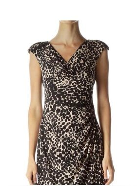 Lauren Ralph Lauren Black and Cream Leopard-Print Cap Sleeve Midi Dress